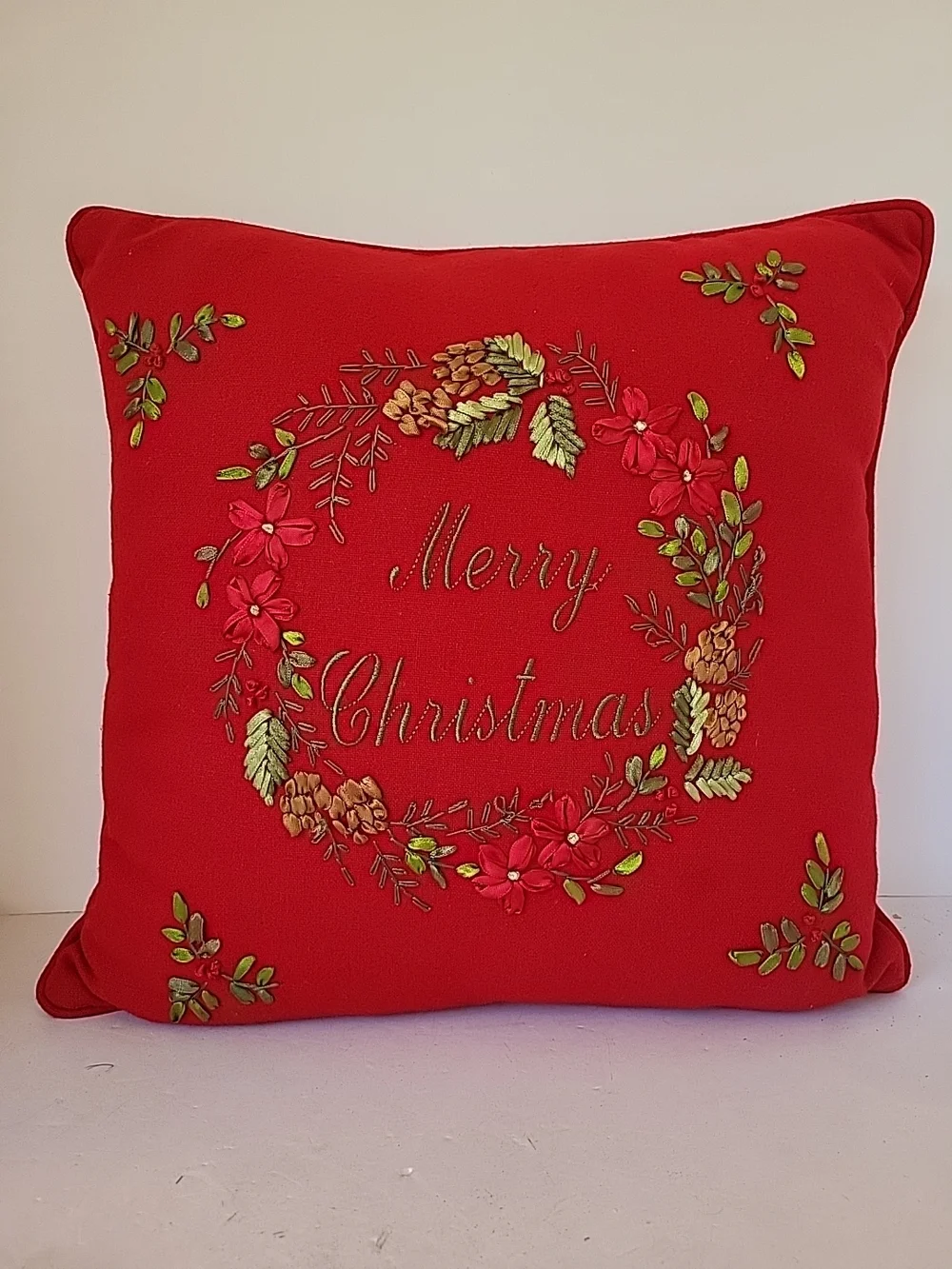 Holiday Red Ribbon Embroidered Merry Christmas Decorative Pillow 15x15